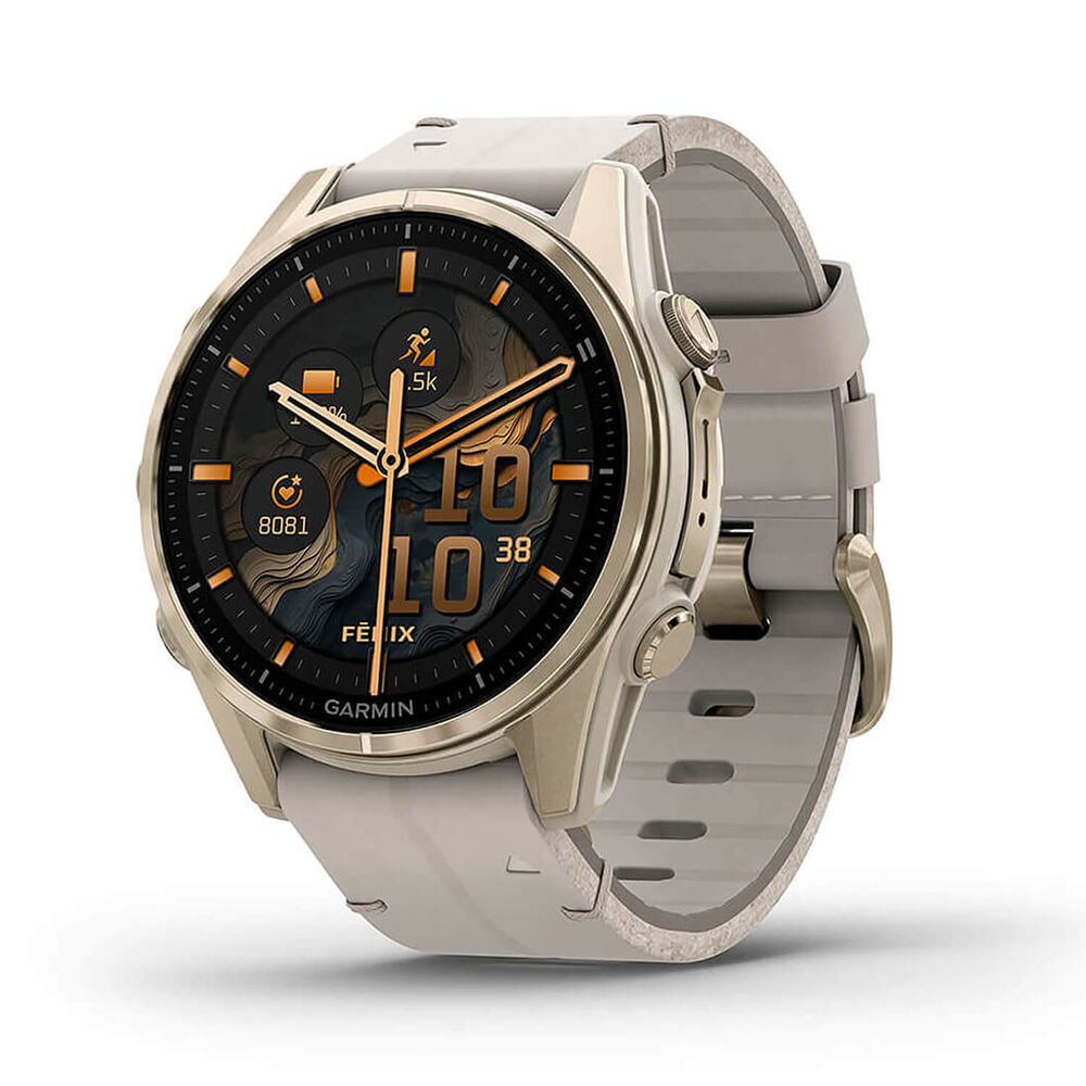 Garmin fenix® 8 AMOLED Sapphire 43mm Soft Gold Case Limestone Leather Strap Watch image number 0