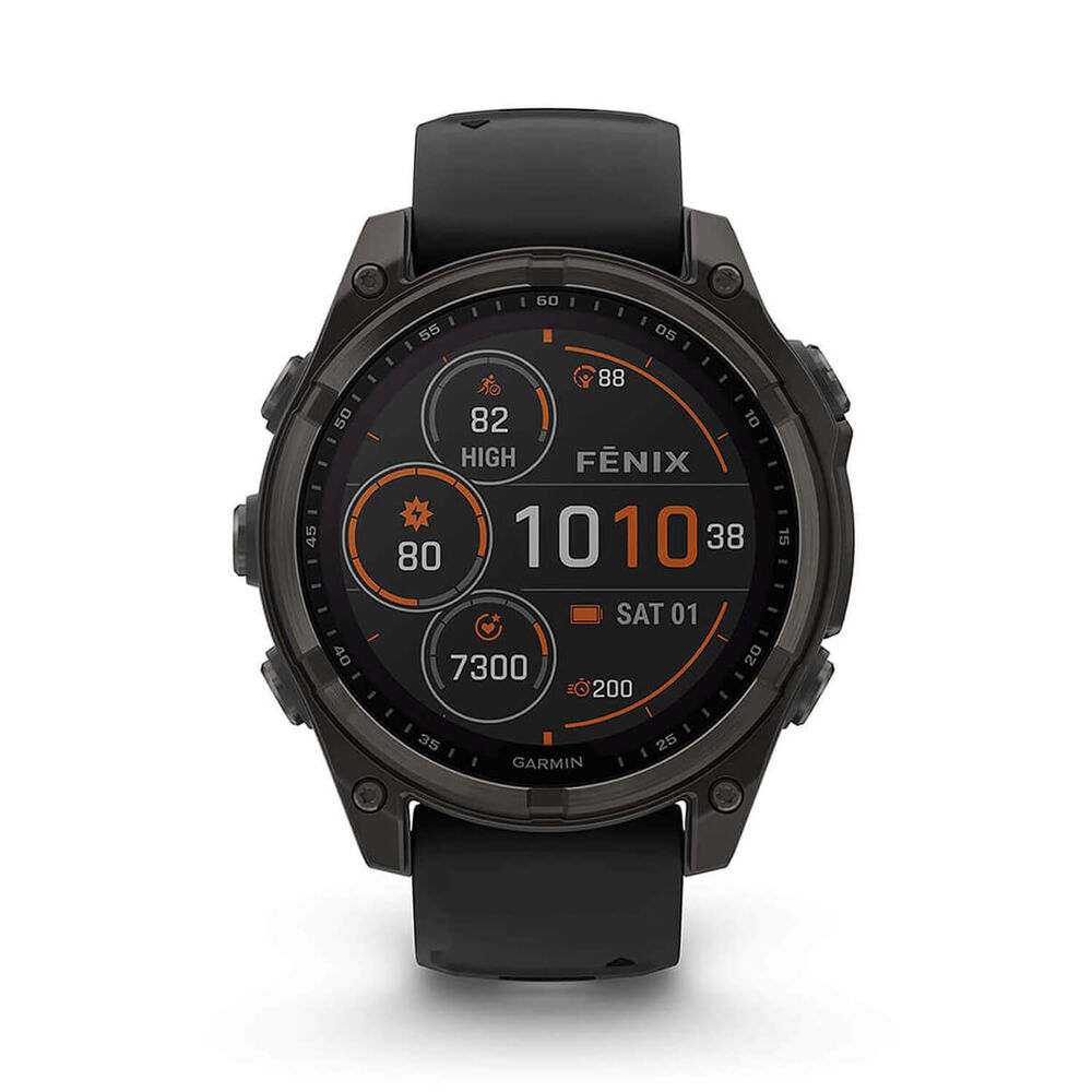 Garmin fenix® 8 Solar 47mm Carbon Grey DLC Titanium Case Black Pebble Gray Silicon Strap Watch image number 1