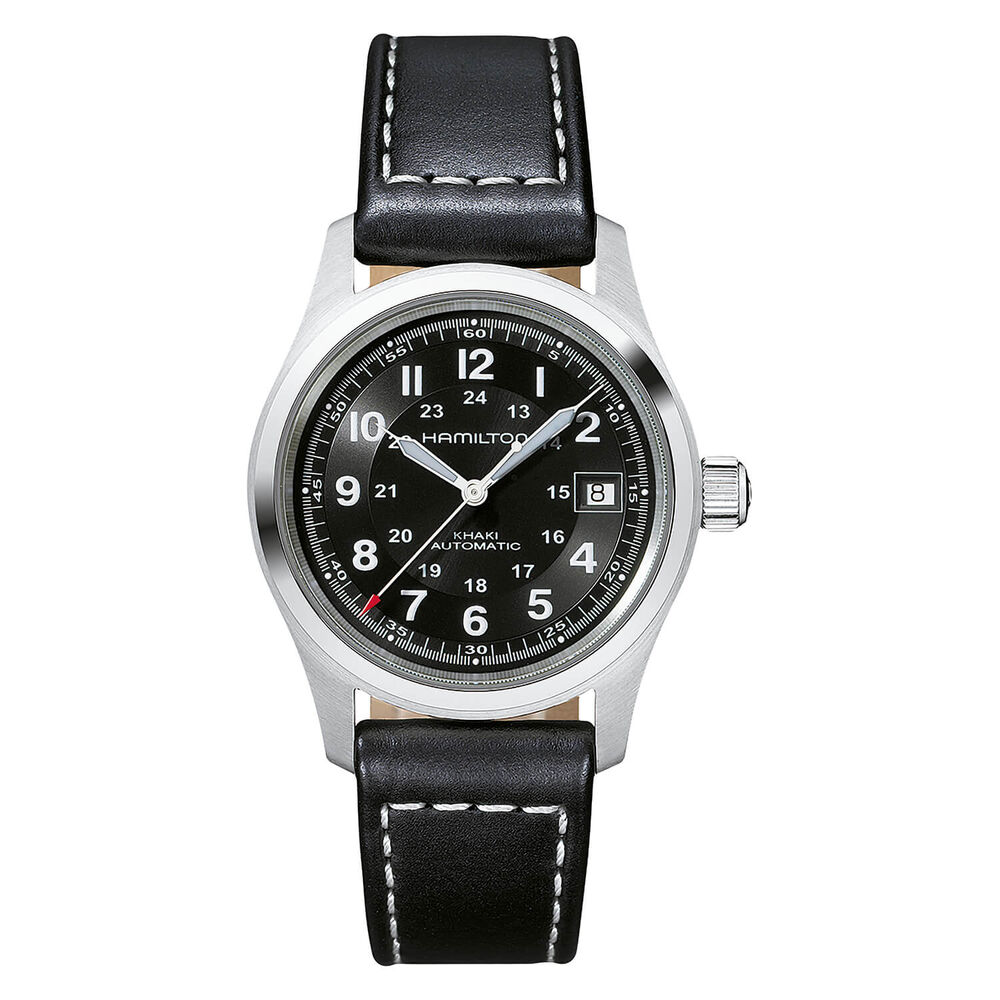 Hamilton Khaki Field Auto 38mm Black Dial Steel Case Black Leather Strap Watch