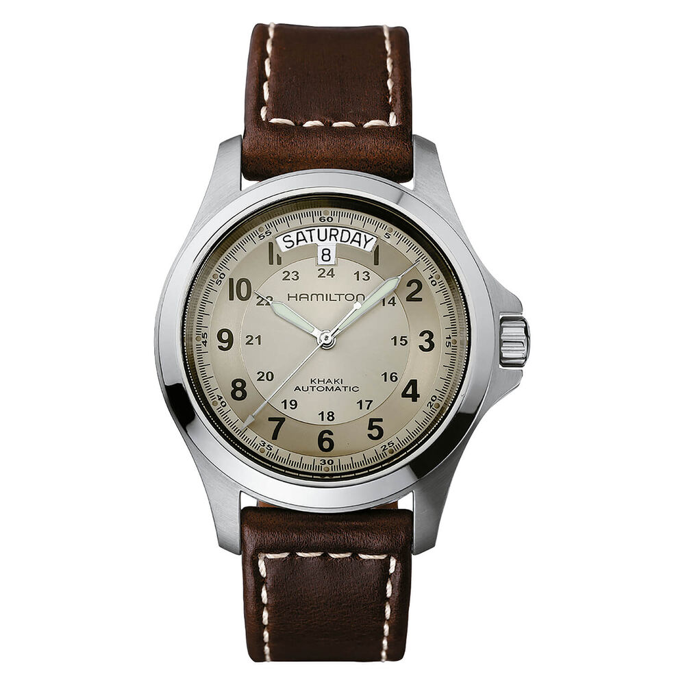 Hamilton Khaki Field King Auto 40mm Beige Dial Steel Case Brown Leather Strap Watch