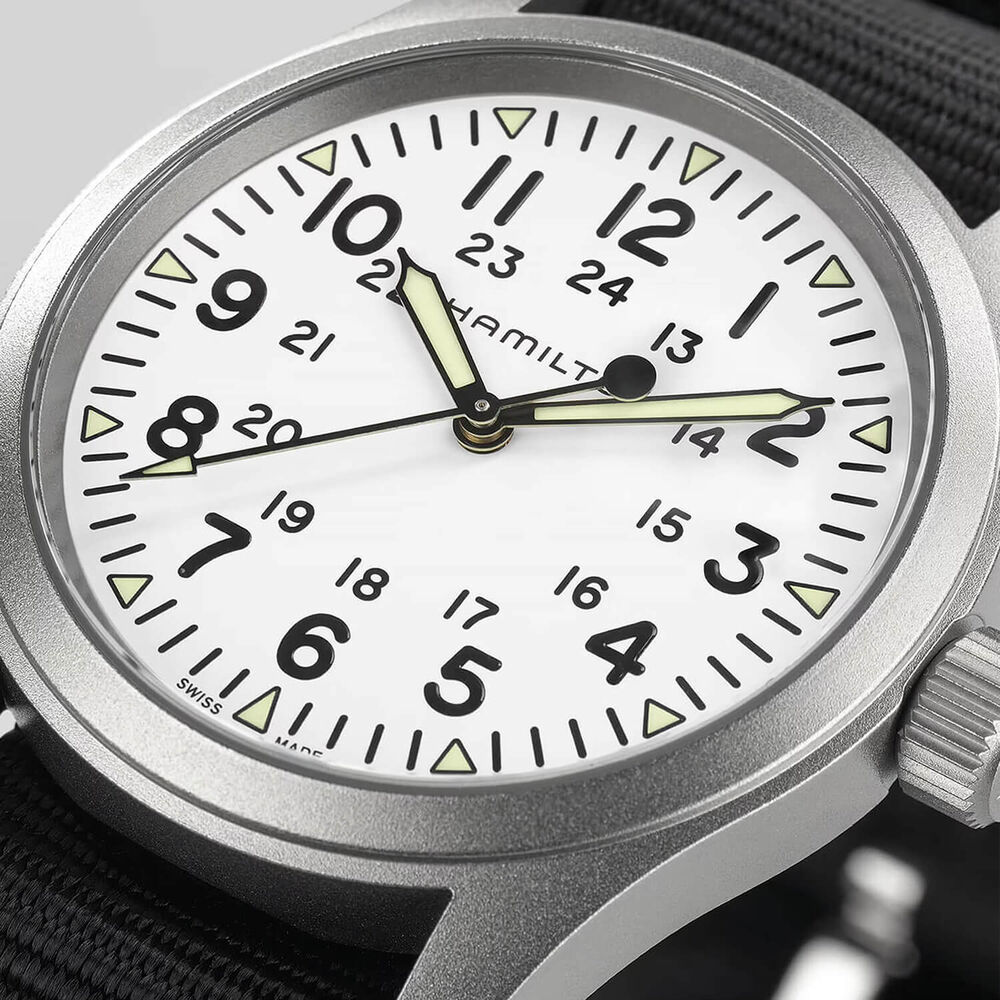 Hamilton Khaki Field Mechanical 38mm White Dial Steel Case Black Strap Watch image number 2