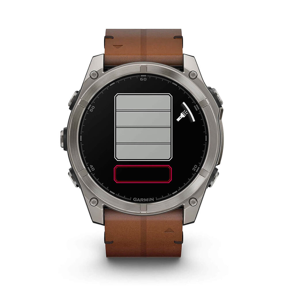 Garmin fenix® 8 AMOLED Sapphire 51mm Carbon Grey DLC Case Chestnut Leather Strap Watch image number 8