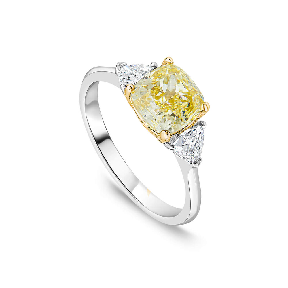 Born Platinum & 18ct YG Head 2.50ct Yellow Cushion Centre Trilogy Lab Grown Diamond Sides Ring