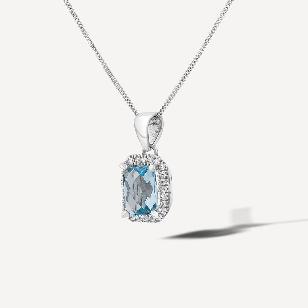 9ct White Gold Rectangular Blue Topaz & Cubic Zirconia Frame Pendant