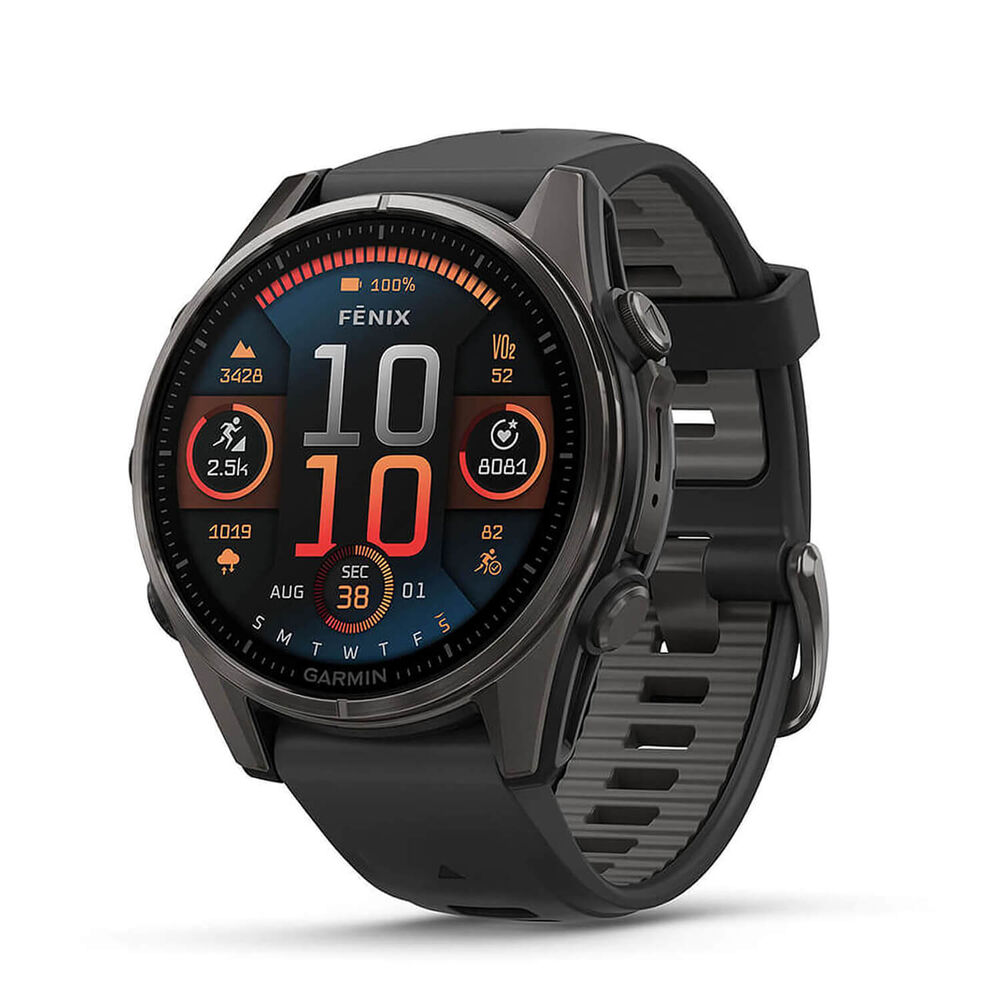 Garmin fenix® 8 AMOLED 43mm Carbon Grey DLC Titanium Case Black Pebble Grey Silicon Strap Watch image number 0