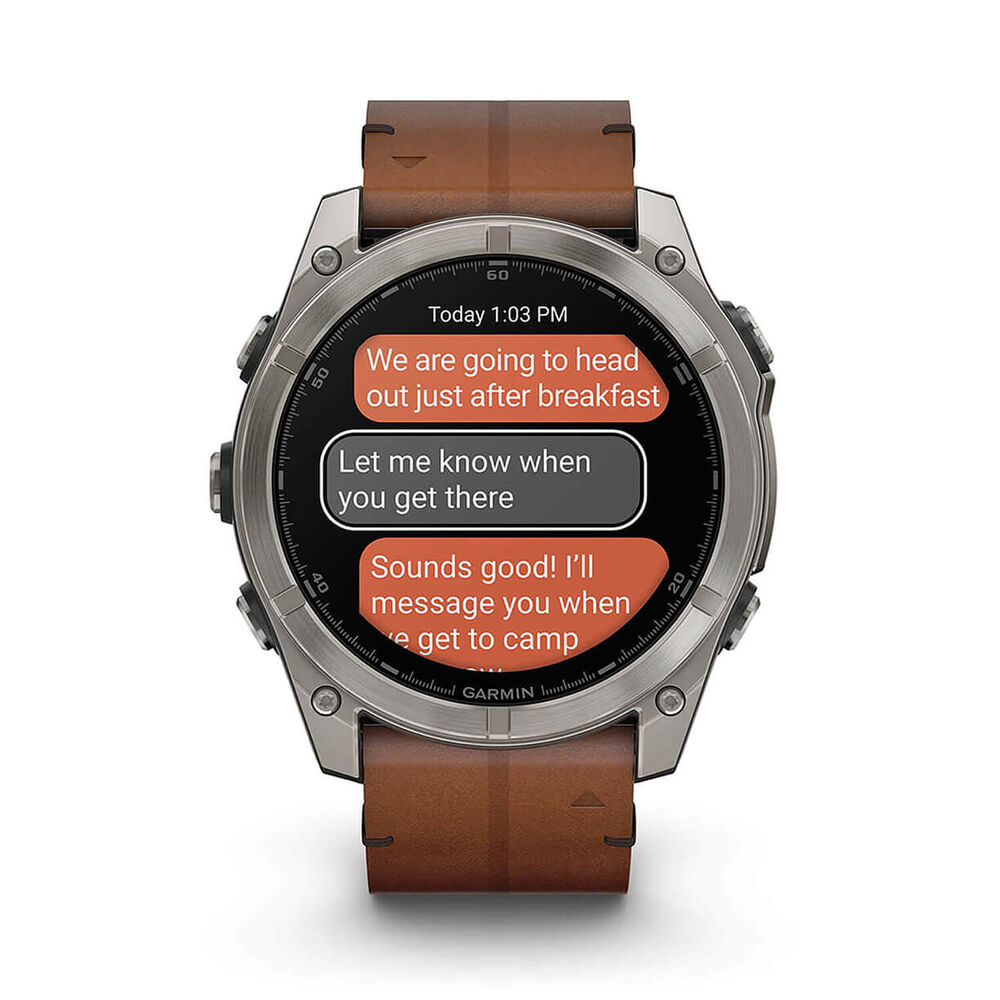 Garmin fenix® 8 AMOLED Sapphire 51mm Carbon Grey DLC Case Chestnut Leather Strap Watch image number 9