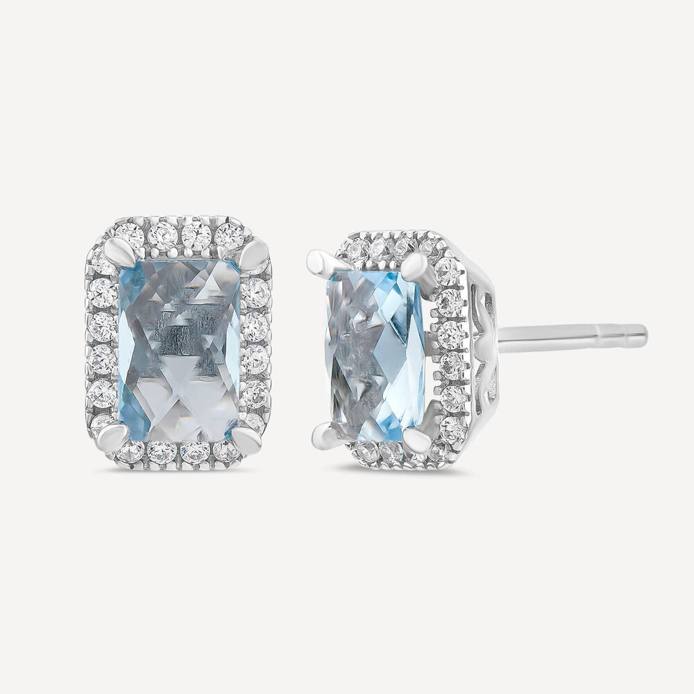 9ct White Gold Rectangular Blue Topaz & Cubic Zirconia Frame Stud Earrings image number 1