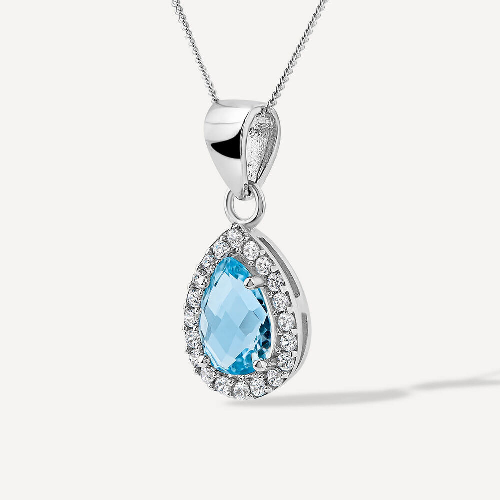 9ct White Gold Pear Blue Topaz & Cubic Zirconia Pendant (Chain Included)
