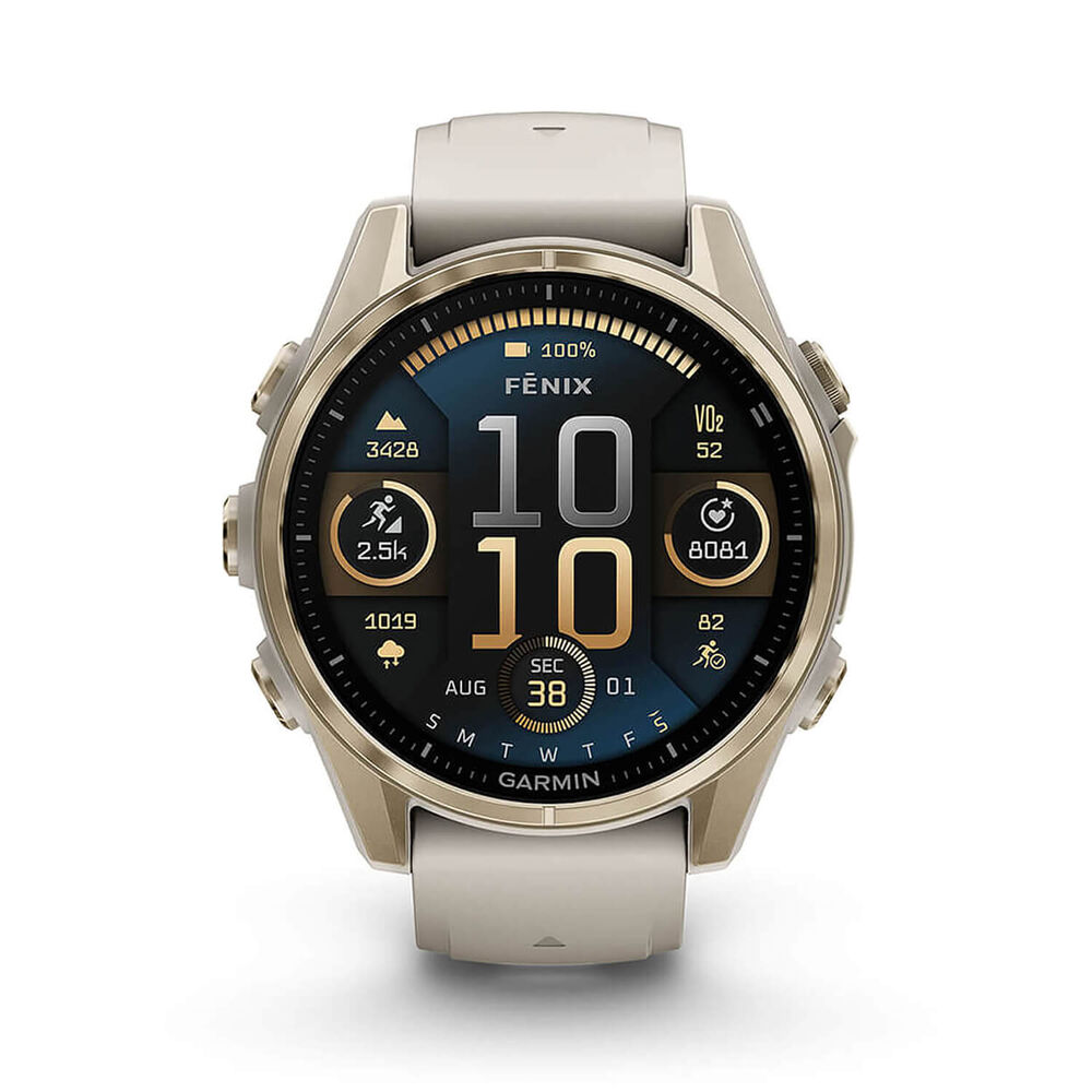 Garmin fenix® 8 AMOLED Sapphire 43mm Soft Gold Case Fog Grey Dark Sandstone Silicon Strap Watch image number 1