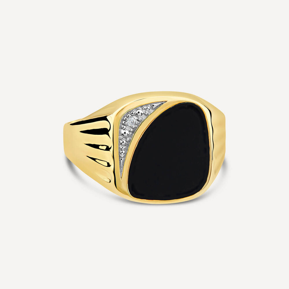 9ct Yellow Gold Onyx & 0.01ct Diamond Signet Ring image number 2