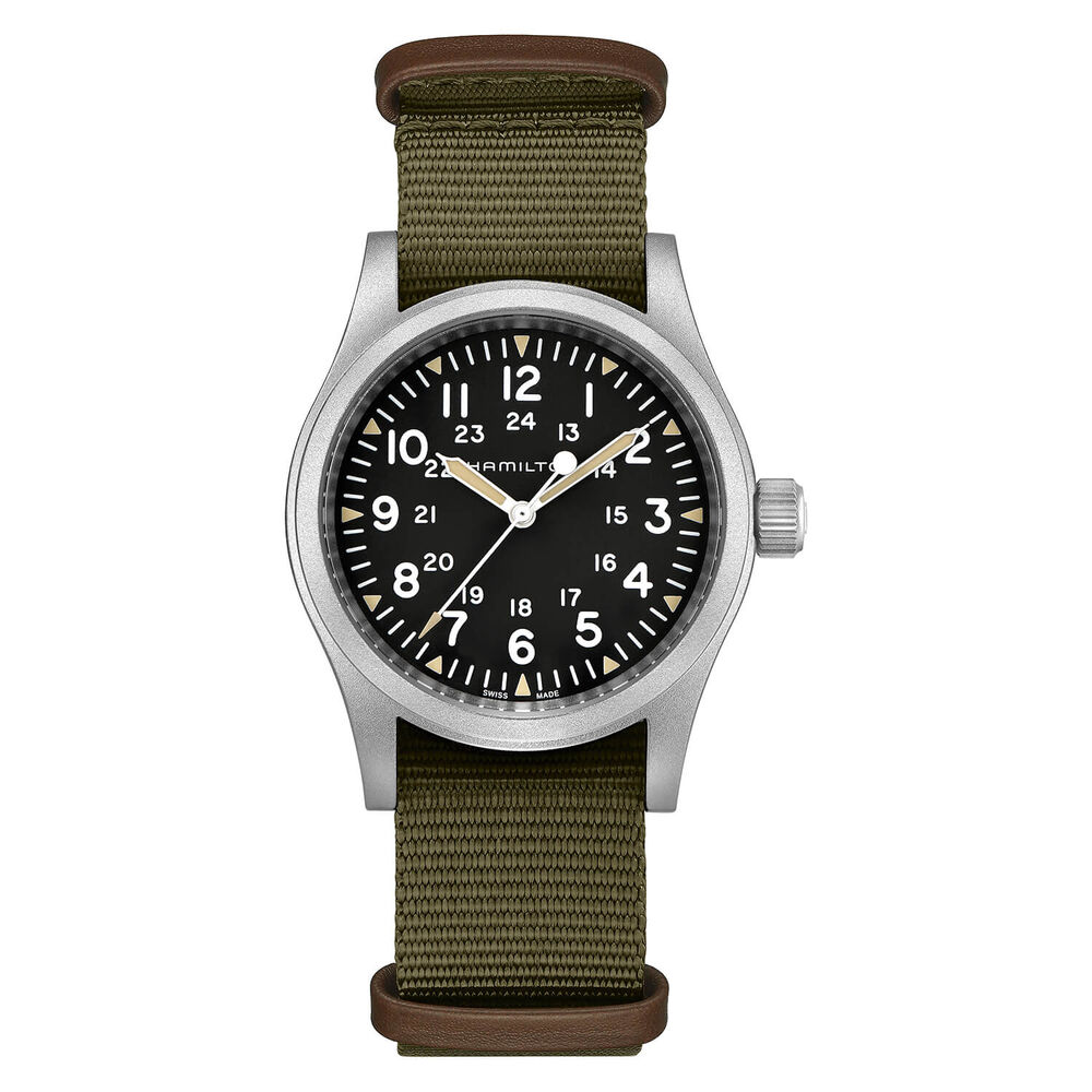 Hamilton Khaki Field Mechanical 38mm Black Dial Steel Case Green Strap Watch