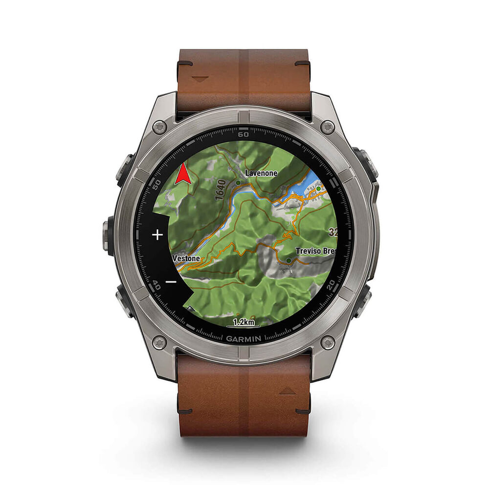 Garmin fenix® 8 AMOLED Sapphire 51mm Carbon Grey DLC Case Chestnut Leather Strap Watch image number 5