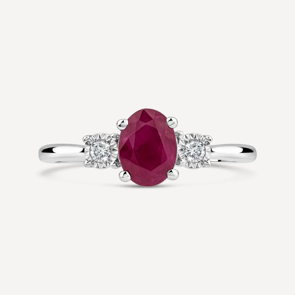 9ct White Gold Oval Ruby & 0.05ct Diamond Sides Ring image number 1