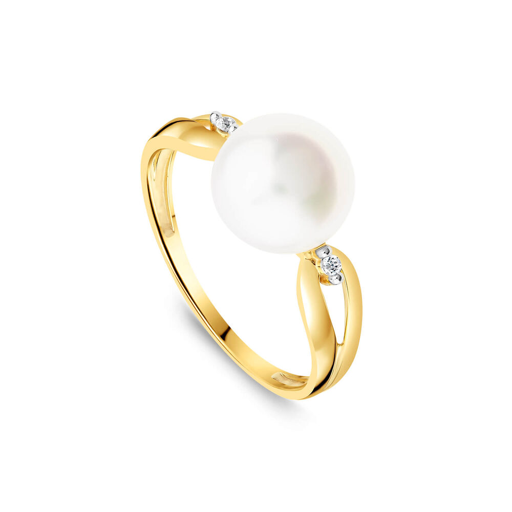 9ct Yellow Gold Freshwater Pearl & 0.015ct Diamond Open Shoulders Ring image number 0