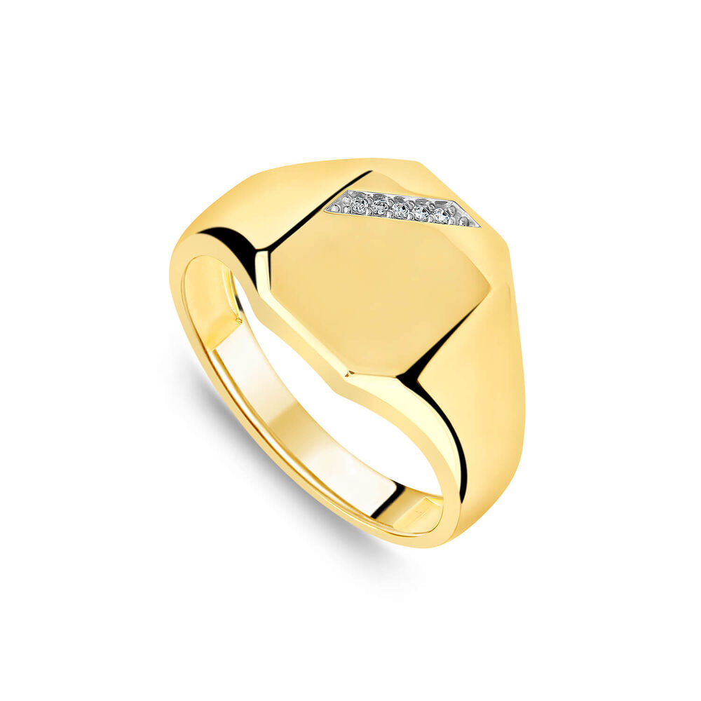 9ct Yellow Gold 0.02 ct Diamond Corner Hexagon Shaped Signet Ring