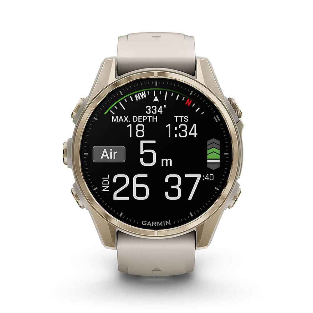 Garmin fenix® 8 AMOLED Sapphire 43mm Soft Gold Case Fog Grey Dark Sandstone Silicon Strap Watch image number 2