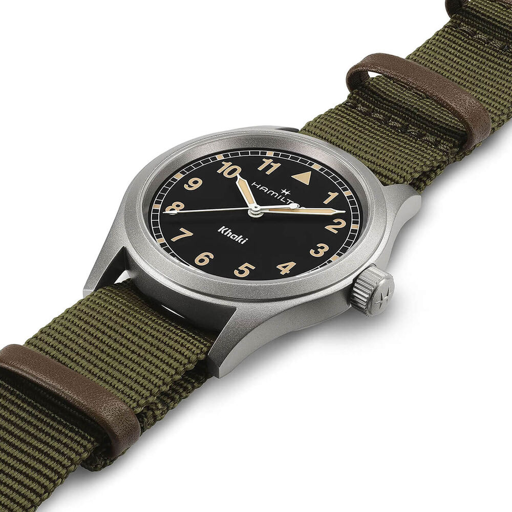 Hamilton Khaki Field Quartz 38mm Black Dial Steel Case Green Strap Watch