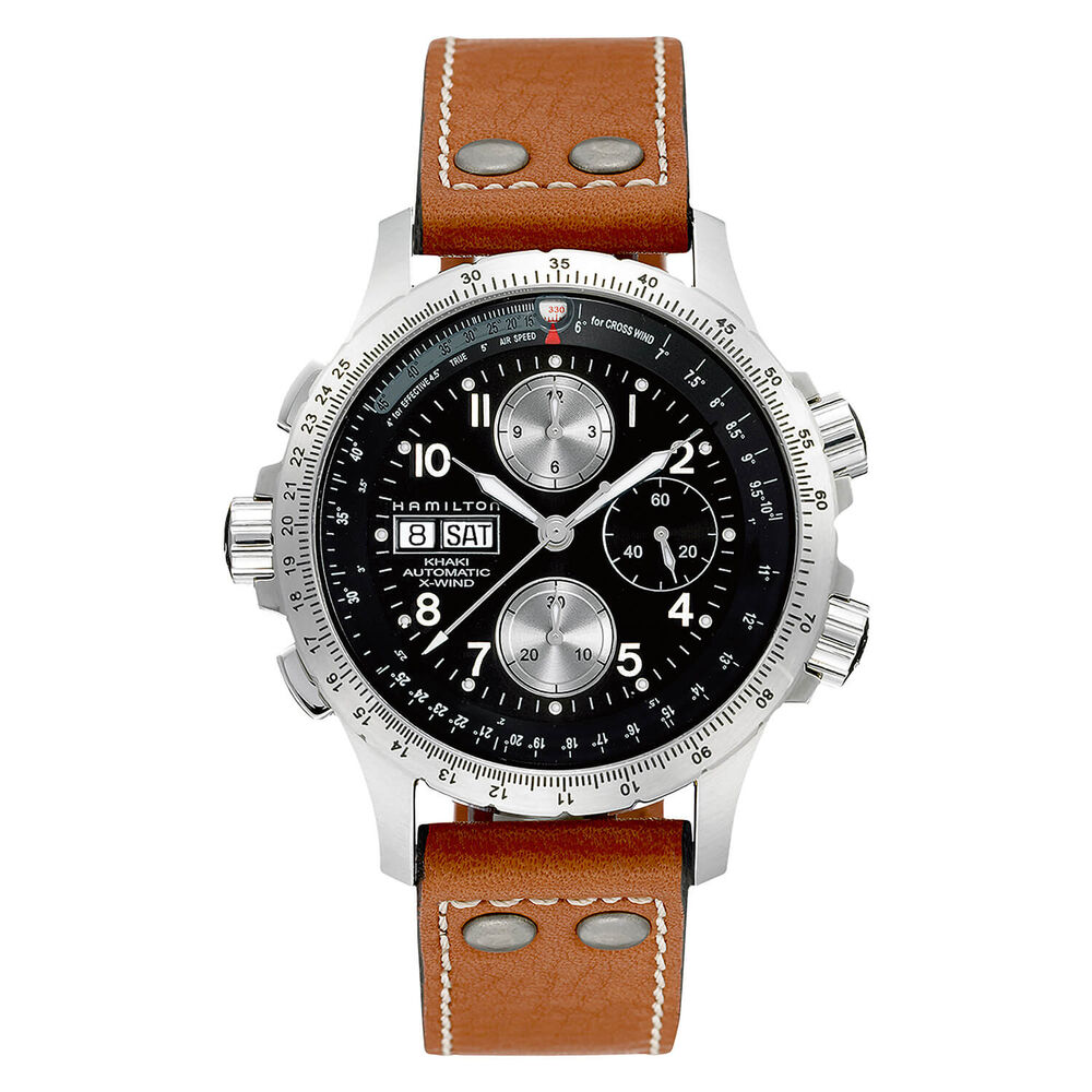 Hamilton Khaki Aviation X-Wind Auto Chrono 44mm Black Dial Steel Case Brown Leather Watch