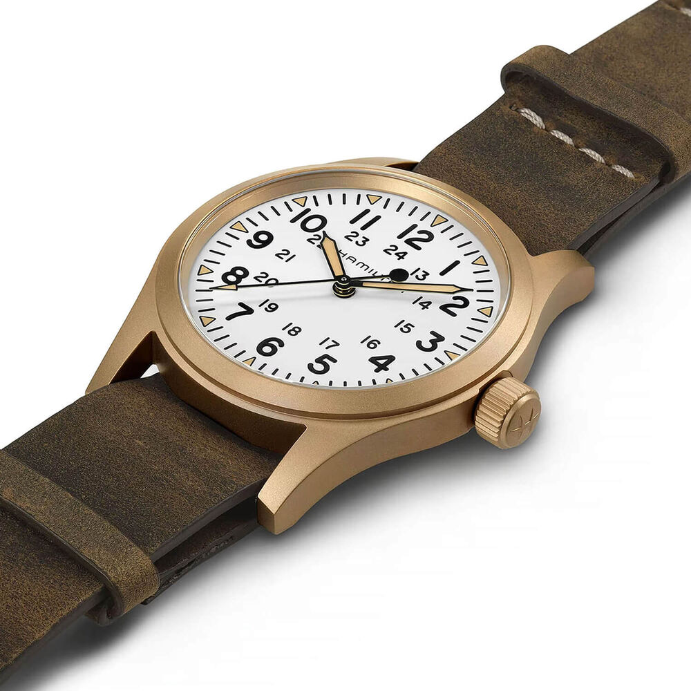 Hamilton Khaki Field Mechanical Bronze 38mm White Dial Brown Leather Strap Watch image number 4