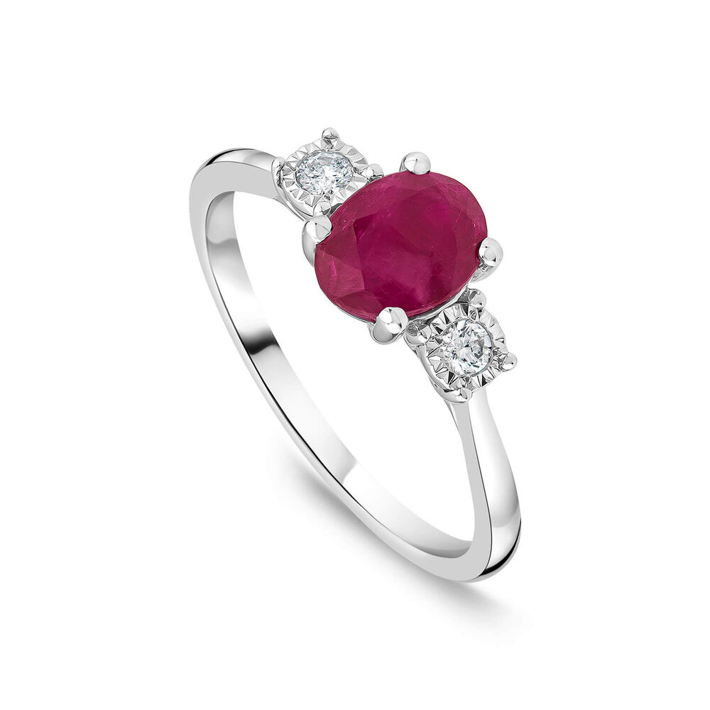 9ct White Gold Oval Ruby & 0.05ct Diamond Sides Ring image number 0