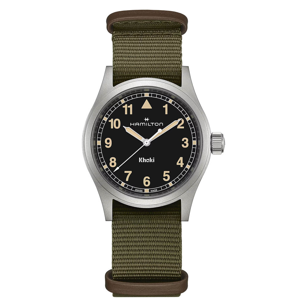 Hamilton Khaki Field Quartz 38mm Black Dial Steel Case Green Strap Watch image number 0