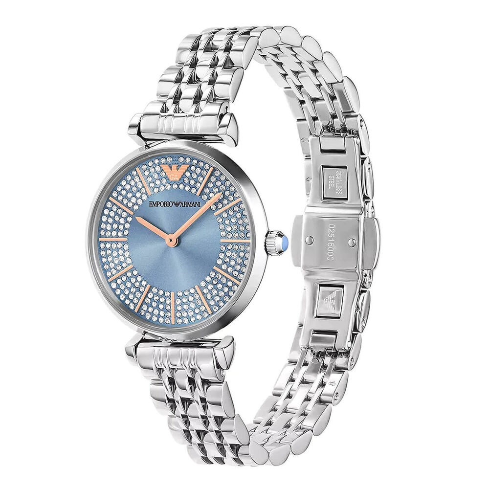 Emporio Armani 32mm Blue Dial Rose Gold Hands Steel Bracelet Watch