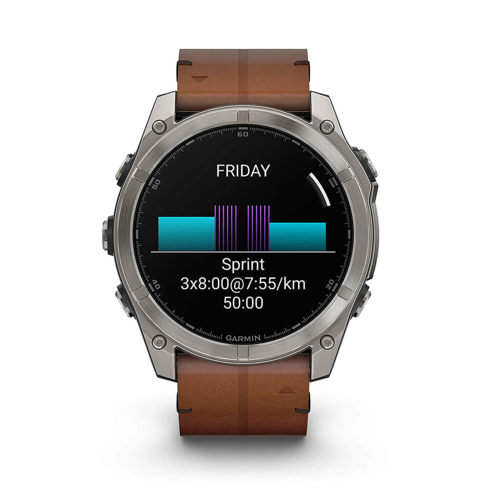 Garmin fenix® 8 AMOLED Sapphire 51mm Carbon Grey DLC Case Chestnut Leather Strap Watch image number 2