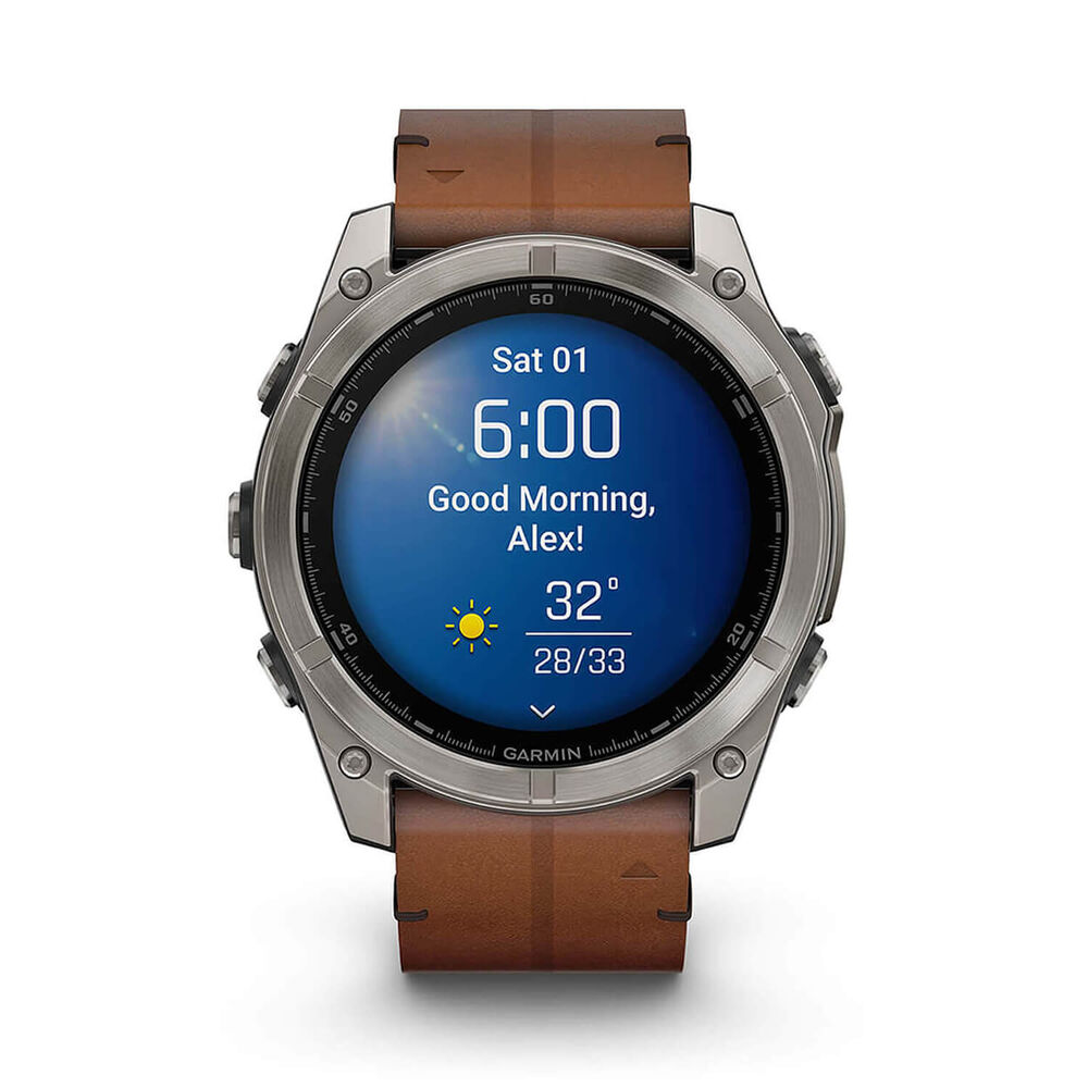 Garmin fenix® 8 AMOLED Sapphire 51mm Carbon Grey DLC Case Chestnut Leather Strap Watch image number 3