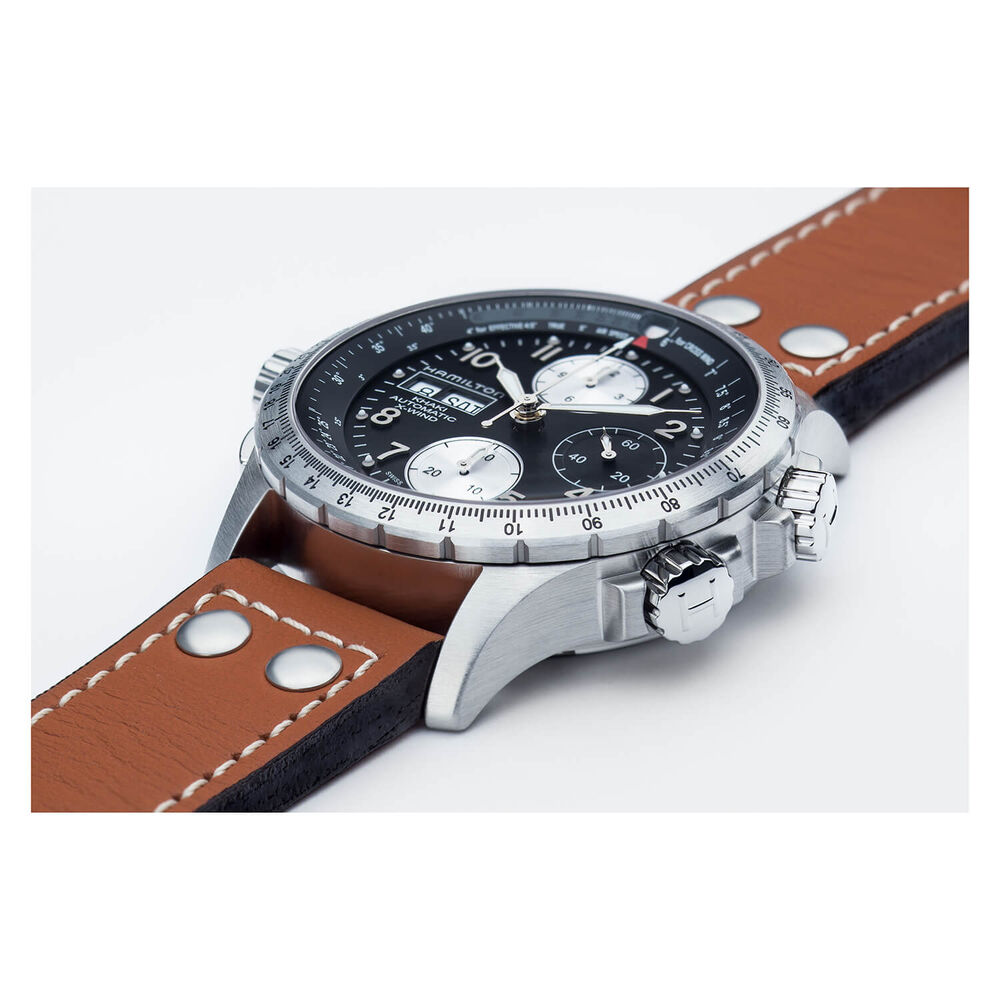 Hamilton Khaki Aviation X-Wind Auto Chrono 44mm Black Dial Steel Case Brown Leather Watch