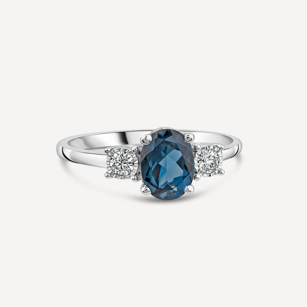 9ct White Gold Oval Blue Topaz & 0.15ct Diamond Sides Ring image number 2