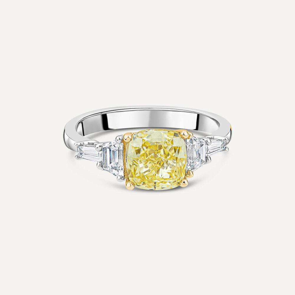 Born Platinum 2.60ct Yellow Cushion Centre & Tappered Trapezoid Lab Grown Diamond Sides Ring image number 2