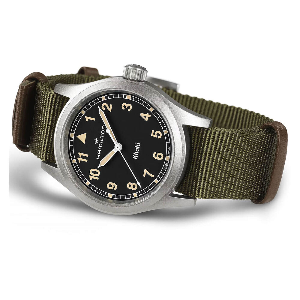 Hamilton Khaki Field Quartz 38mm Black Dial Steel Case Green Strap Watch image number 2