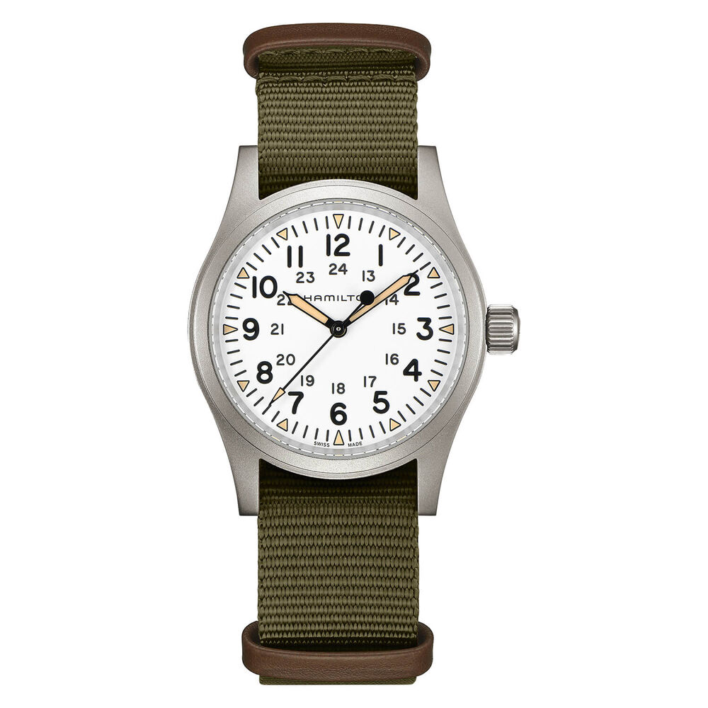 Hamilton Khaki Field Mechanical 38mm White Dial Steel Case Green Strap Watch