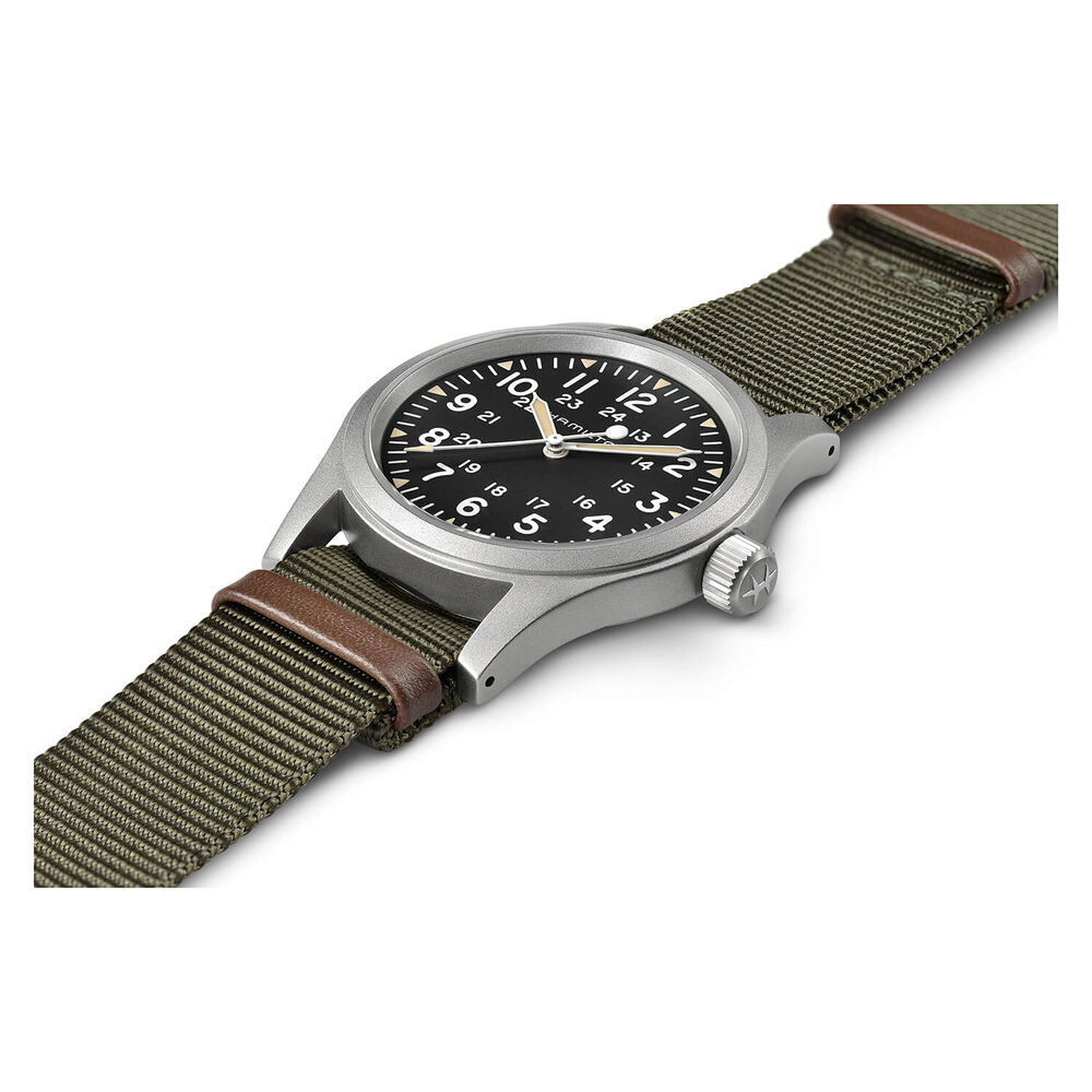 Hamilton Khaki Field Mechanical 38mm Black Dial Steel Case Green Strap Watch