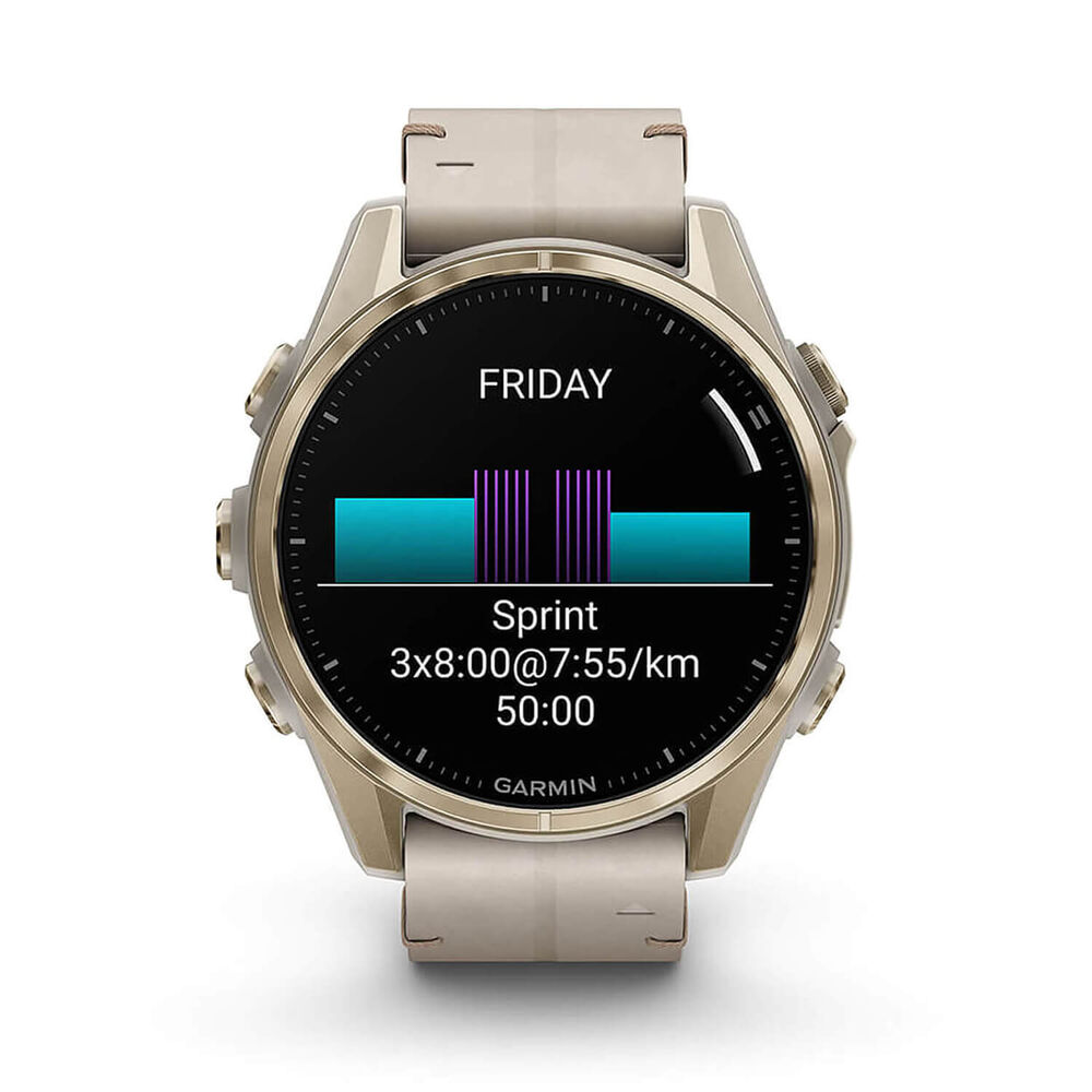 Garmin fenix® 8 AMOLED Sapphire 43mm Soft Gold Case Limestone Leather Strap Watch image number 3