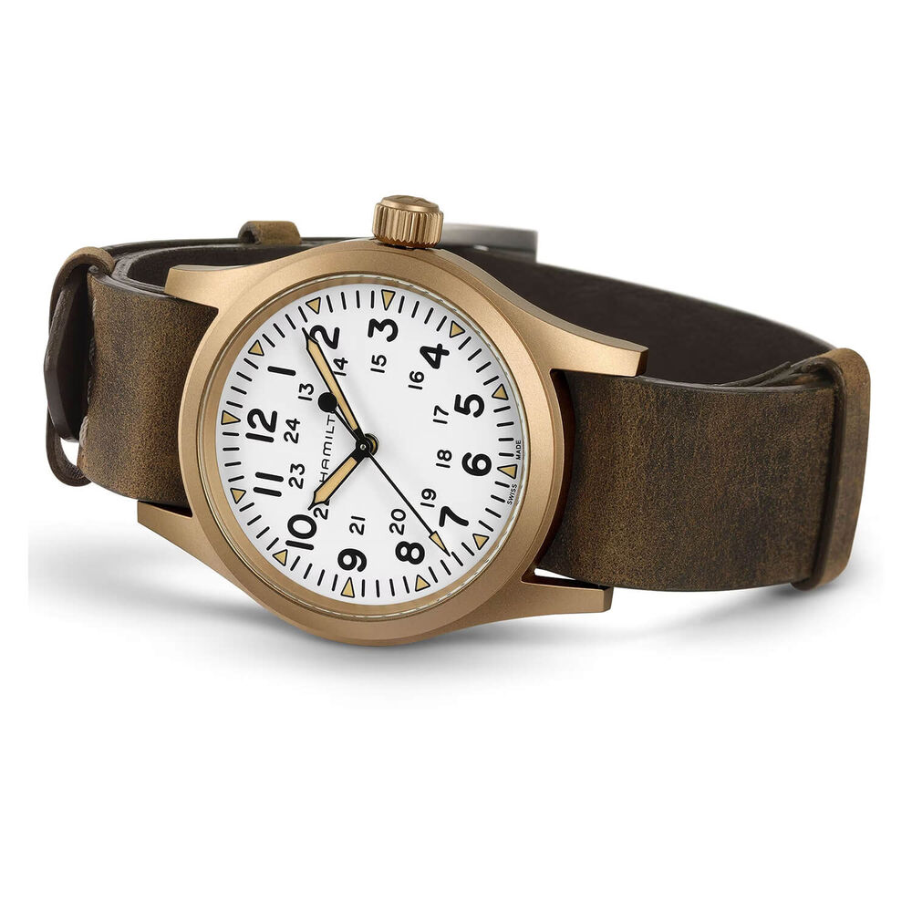 Hamilton Khaki Field Mechanical Bronze 38mm White Dial Brown Leather Strap Watch image number 5