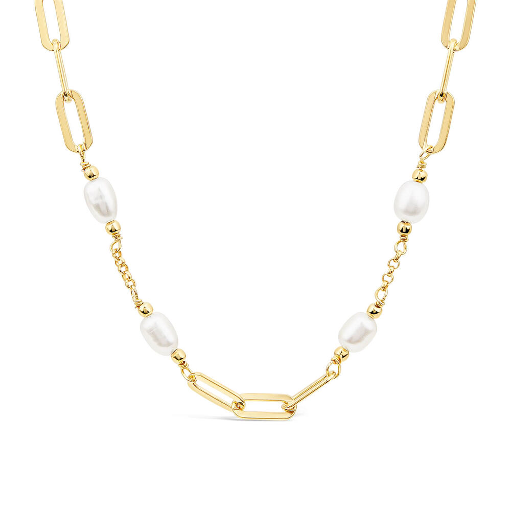 Silver & Yellow Gold Plated Pearl Stationed Paperlink Necklet image number 0