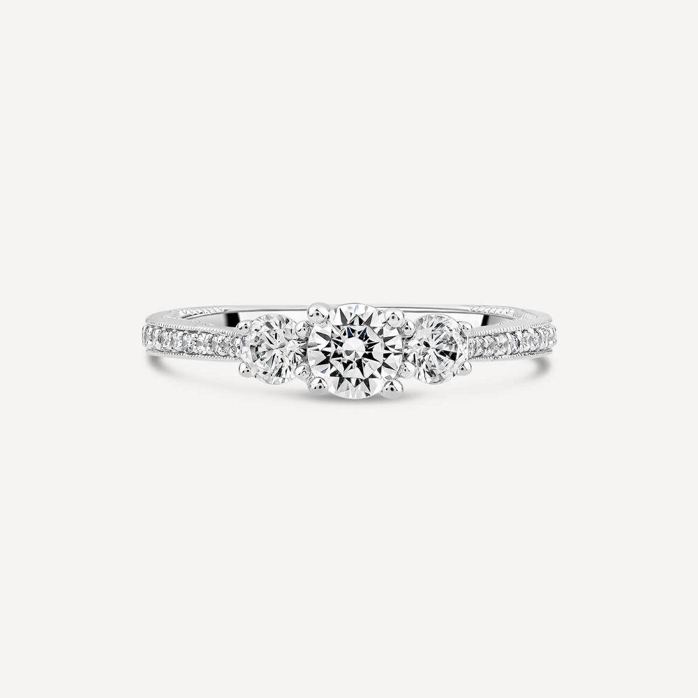 Kathy De Stafford Platinum 'Jessica' 0.70ct Diamond 3 Stones Grain Set Shoulders Ring image number 1