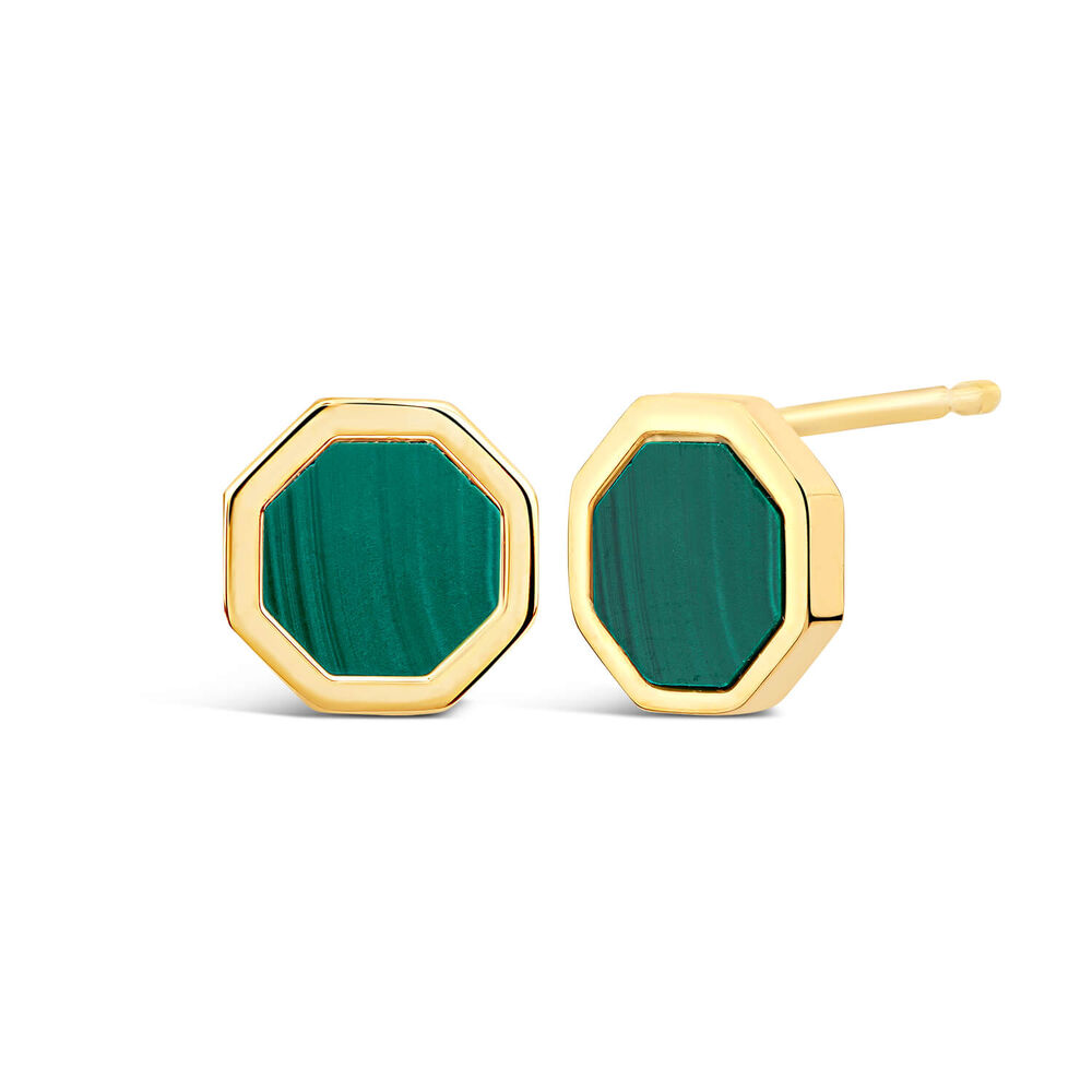 9ct Yellow Gold Hexagon Shaped Malachite Stud Earrings image number 1