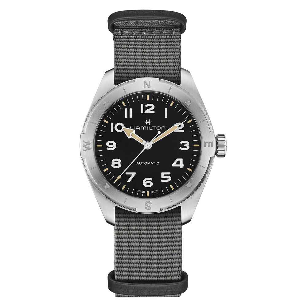 Hamilton Khaki Field Expedition Auto 41mm Black Dial Steel Case Grey Strap Watch