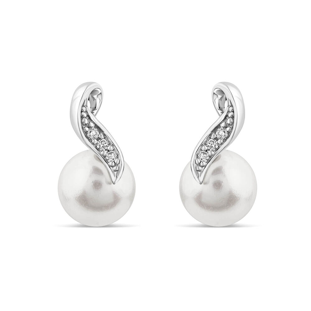 9ct White Gold Freshwater Pearl 0.03ct Diamond Curl Top Stud Earrings