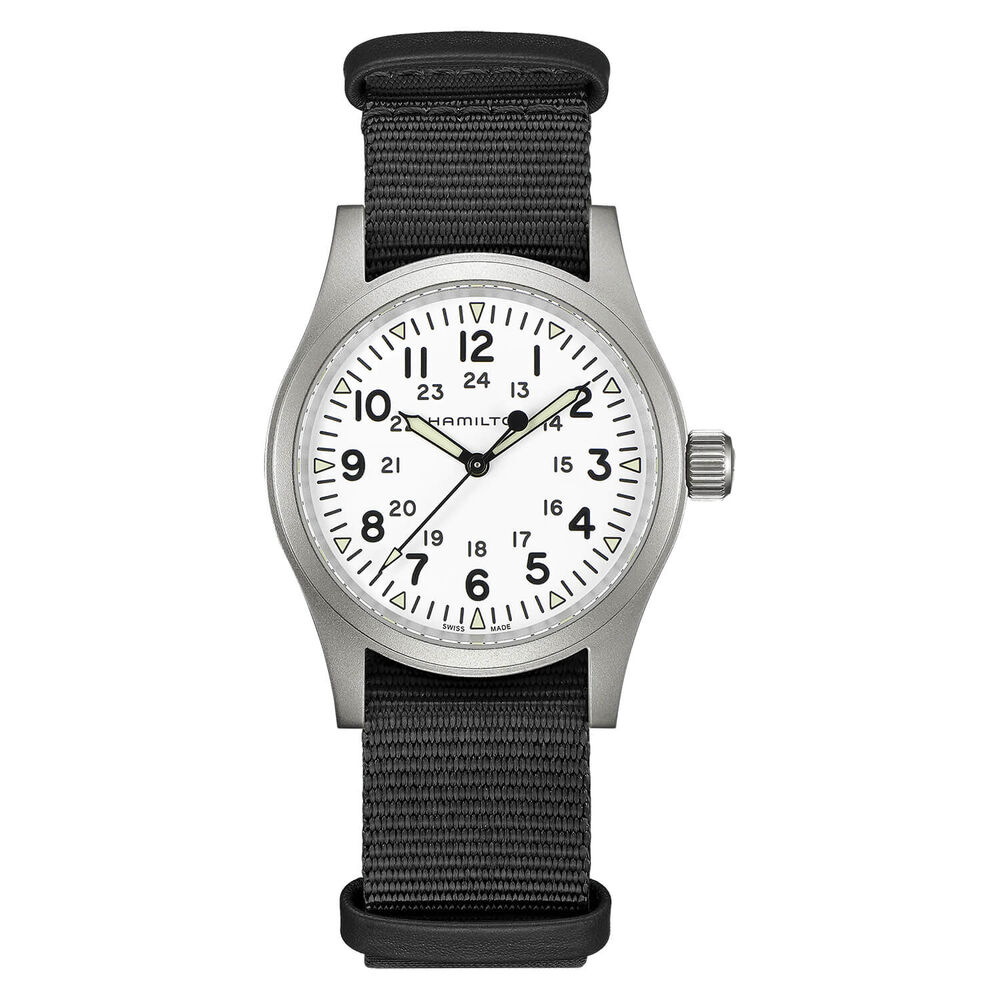 Hamilton Khaki Field Mechanical 38mm White Dial Steel Case Black Strap Watch image number 0