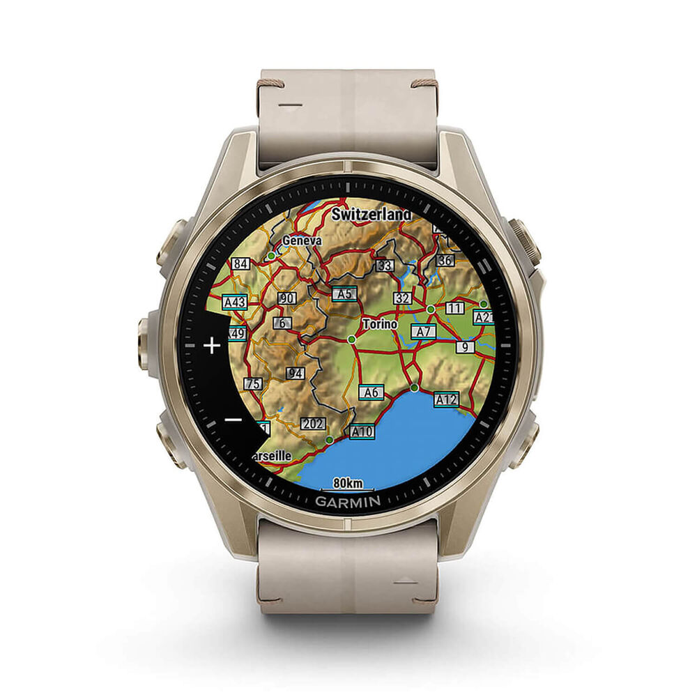 Garmin fenix® 8 AMOLED Sapphire 43mm Soft Gold Case Limestone Leather Strap Watch image number 5