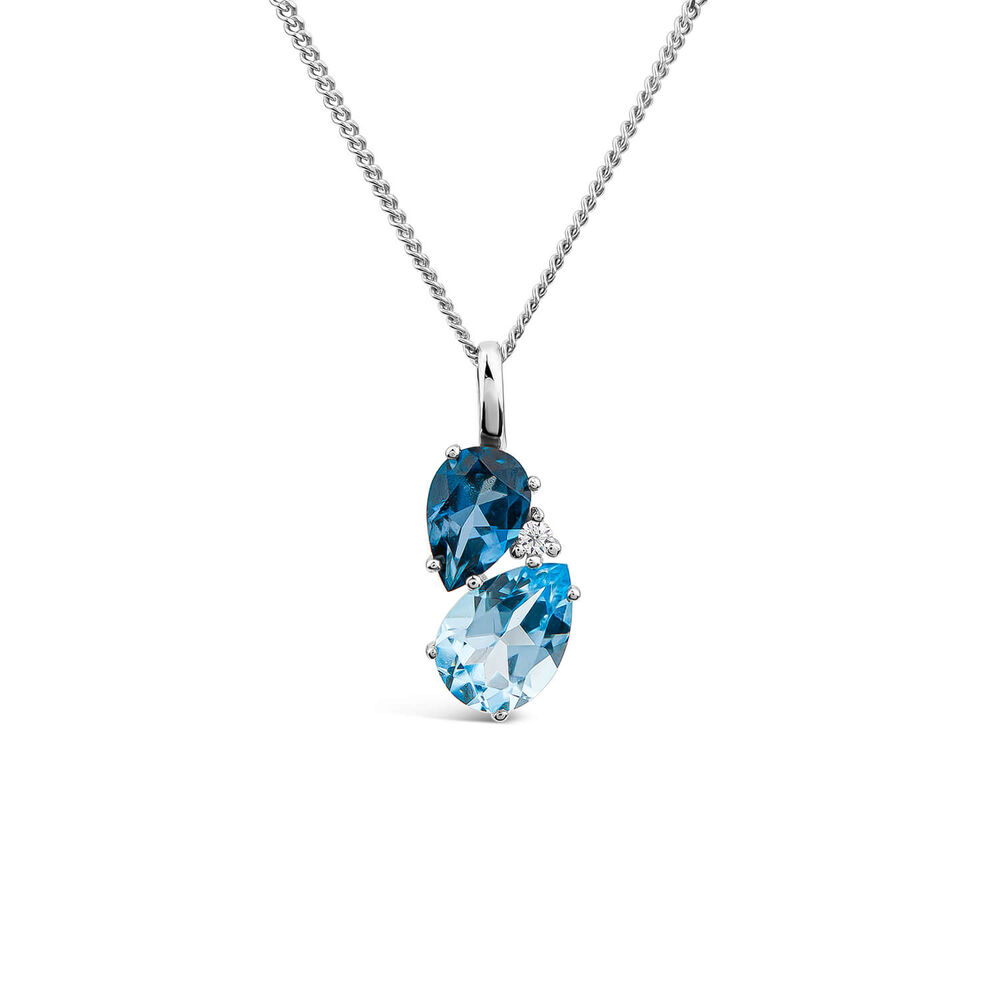 9ct White Gold Double Pear Blue Topaz & 0.01ct Diamond Set Pendant image number 0