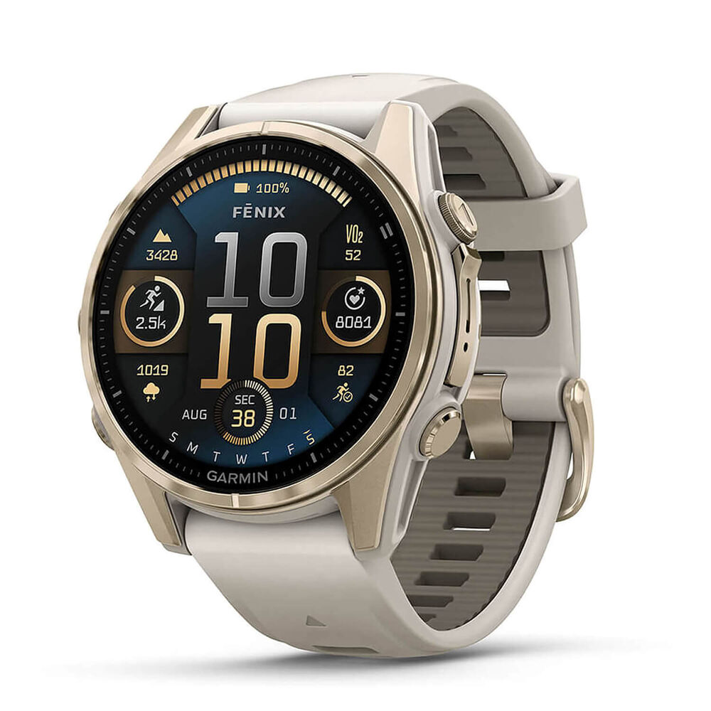 Garmin fenix® 8 AMOLED Sapphire 43mm Soft Gold Case Fog Grey Dark Sandstone Silicon Strap Watch