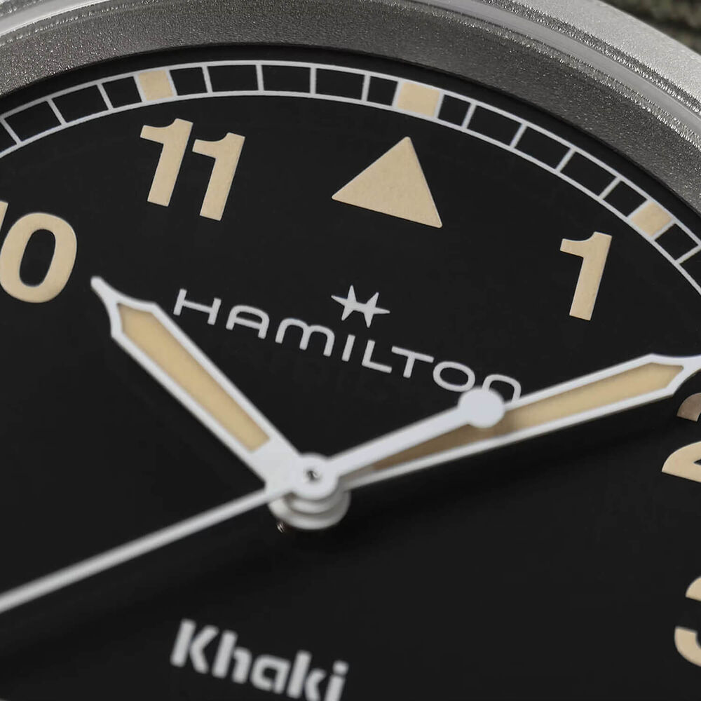 Hamilton Khaki Field Quartz 38mm Black Dial Steel Case Green Strap Watch image number 3