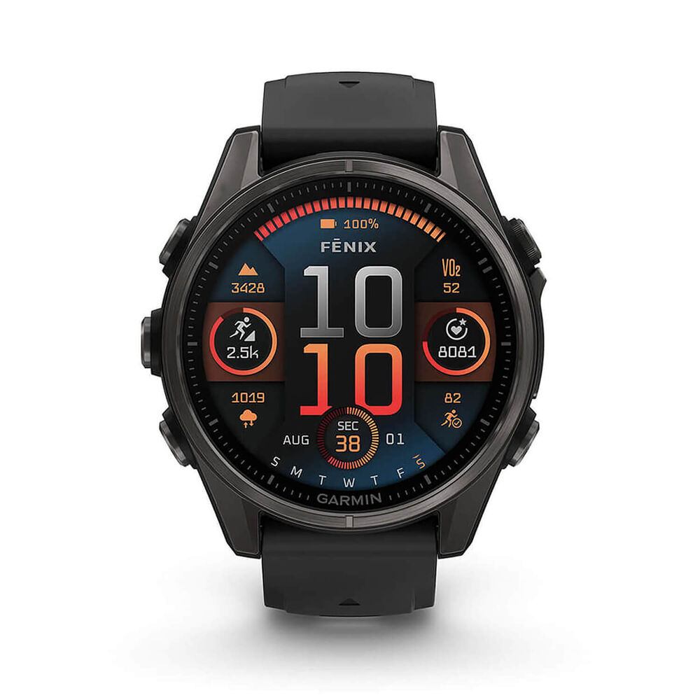 Garmin fenix® 8 AMOLED 43mm Carbon Grey DLC Titanium Case Black Pebble Grey Silicon Strap Watch image number 1