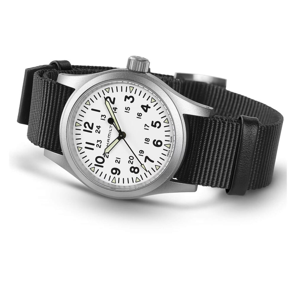 Hamilton Khaki Field Mechanical 38mm White Dial Steel Case Black Strap Watch image number 3