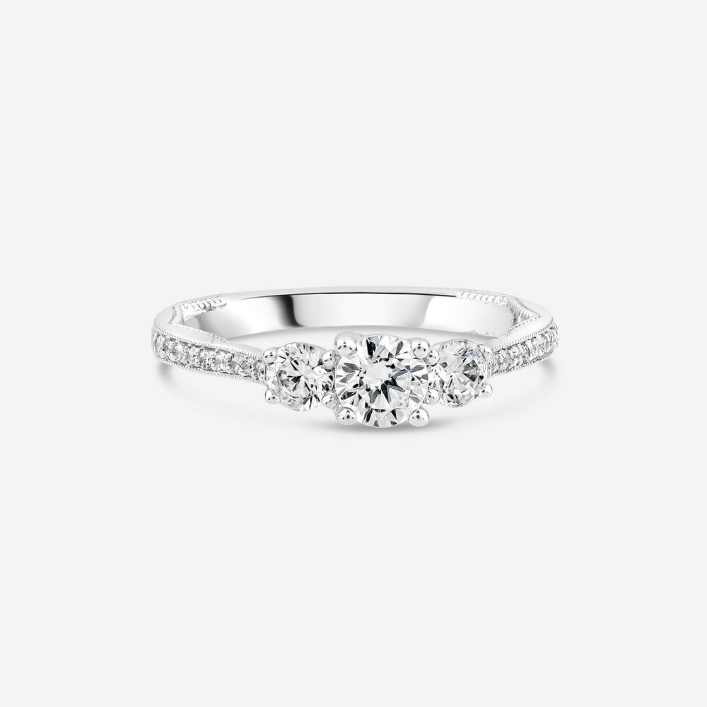 Kathy De Stafford Platinum 'Jessica' 0.70ct Diamond 3 Stones Grain Set Shoulders Ring image number 2