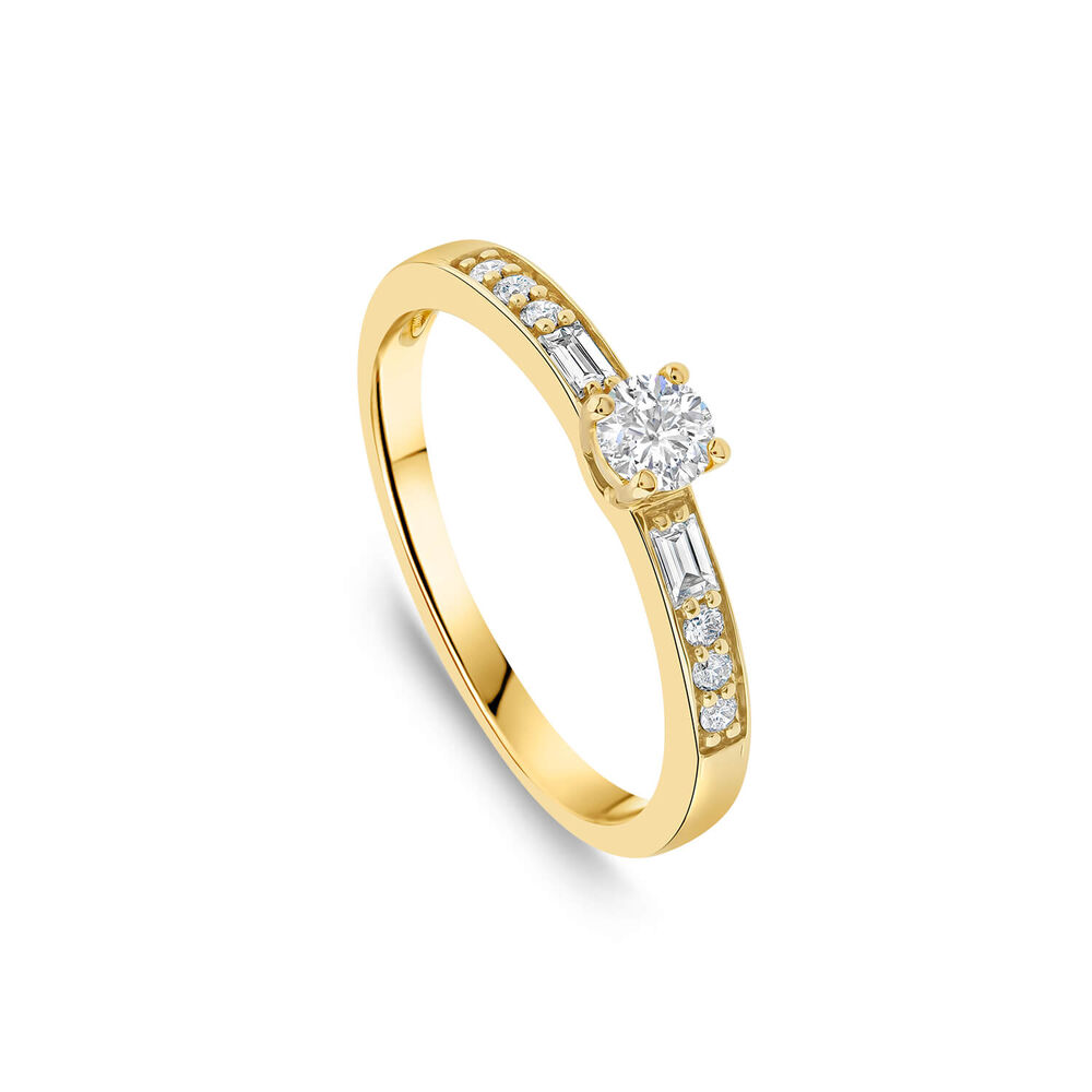 18ct Yellow Gold 0.37ct Solitaire & Baguette Shoulders Diamond Engagement Ring image number 0